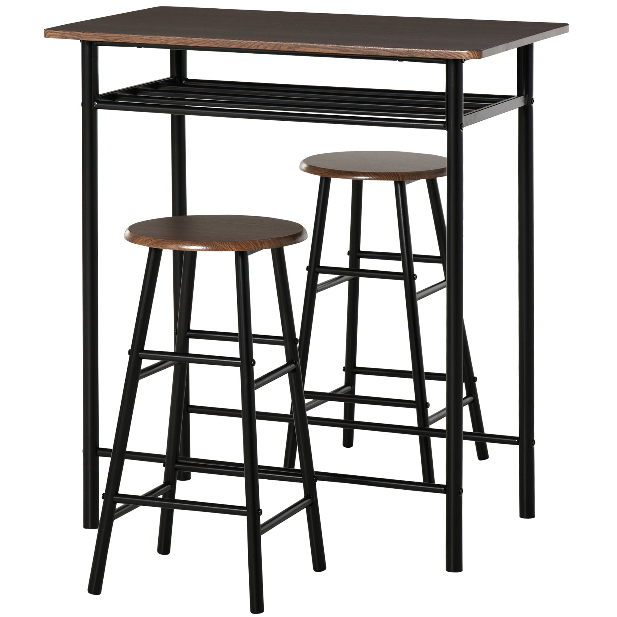 HOMCOM Bar Height Dining Set 3 Piece with Storage Shelf Metal Frame Footrest 1 Table 2 Stools for Kitchen Black 