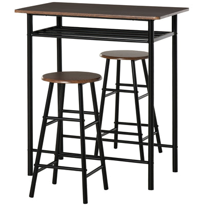 HOMCOM Bar Height Dining Set 3 Piece with Storage Shelf Metal Frame Footrest 1 Table 2 Stools for Kitchen Black 