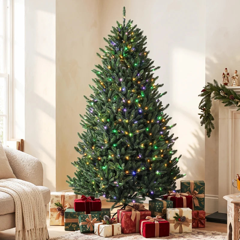 HOMCOM 7.5ft Prelit Christmas Tree, Colorado Blue Spruce, Easy Plug, Hinged Xmas Tree with Warm White & Multi-Color LED Lights