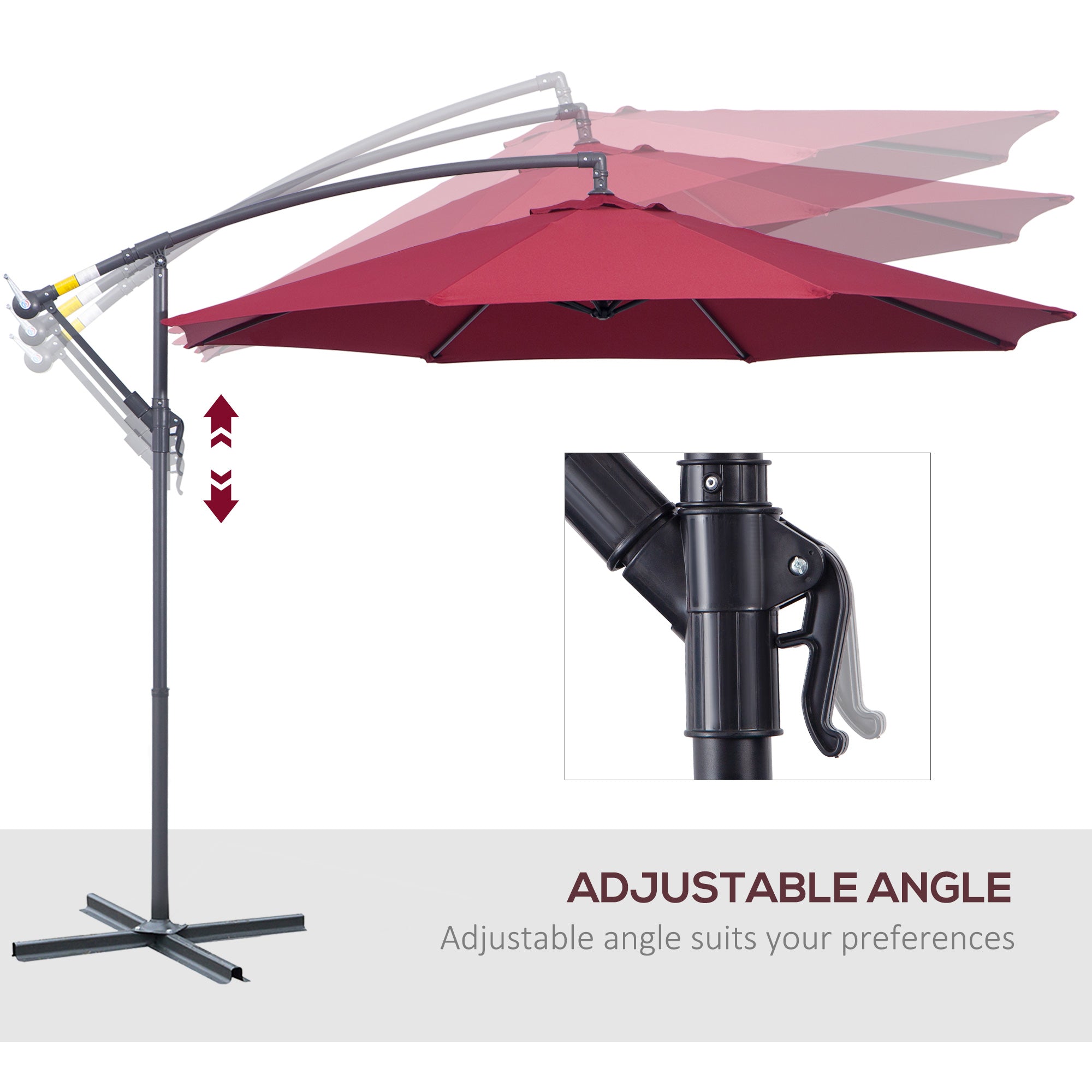 Outsunny Offset Patio Umbrella: Φ10' Deluxe Outdoor Banana Hanging Parasol with Sunshade, Crank & Base, Wine Red 
