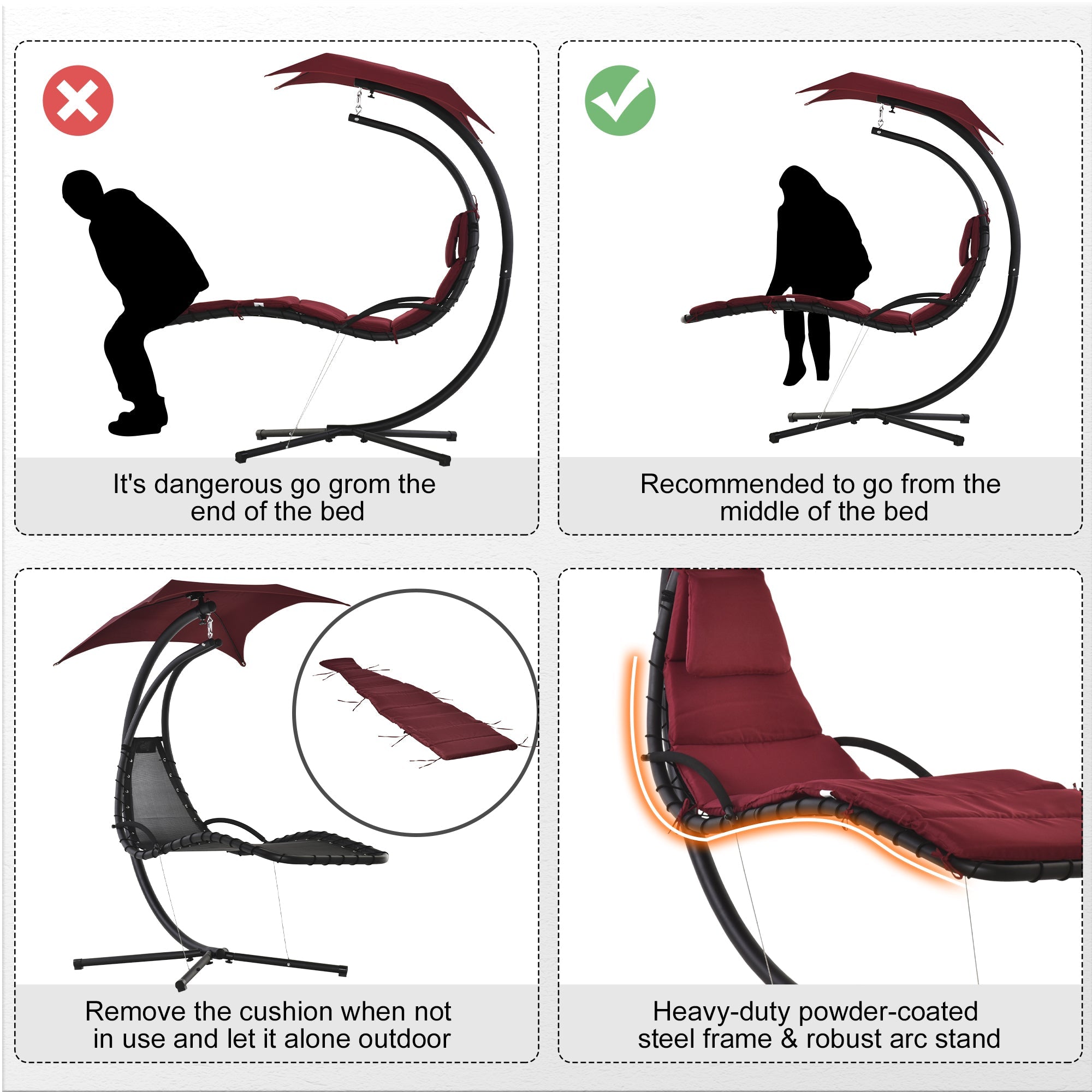 Outsunny Outdoor Patio Swing Chair with Arc Stand Canopy Garden Lounge Wine Red Comfort 
