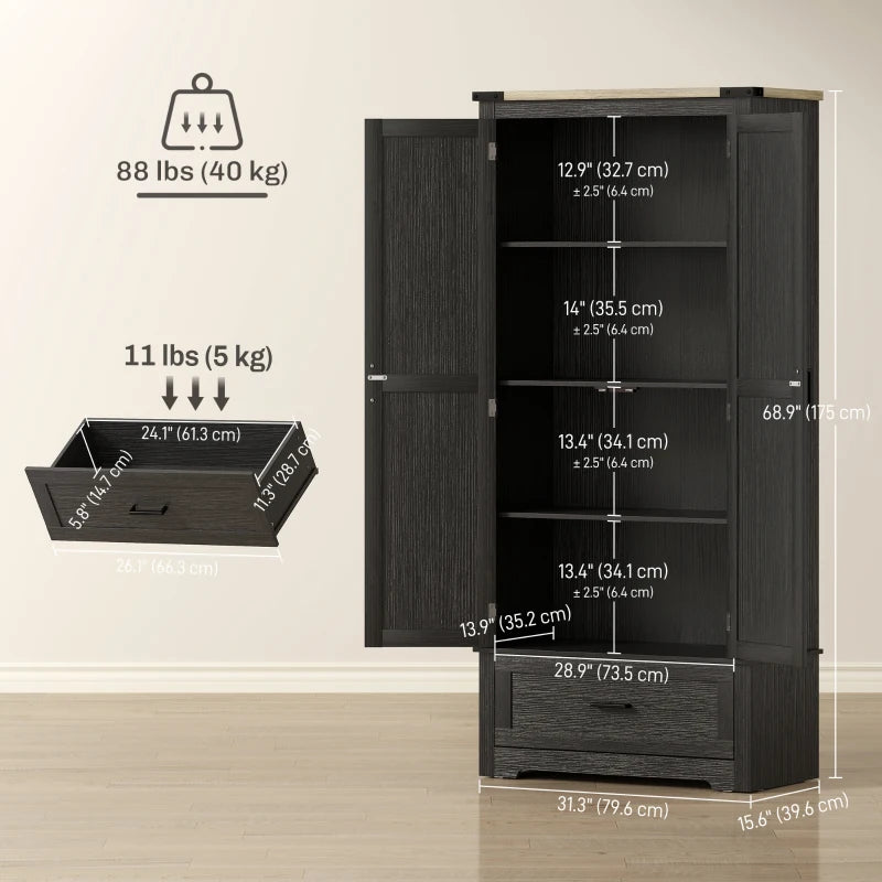 69" Tall Farmhouse Kitchen Pantry Cabinet with 2 Doors, Drawer and Adjustable Shelves, Black and Brown