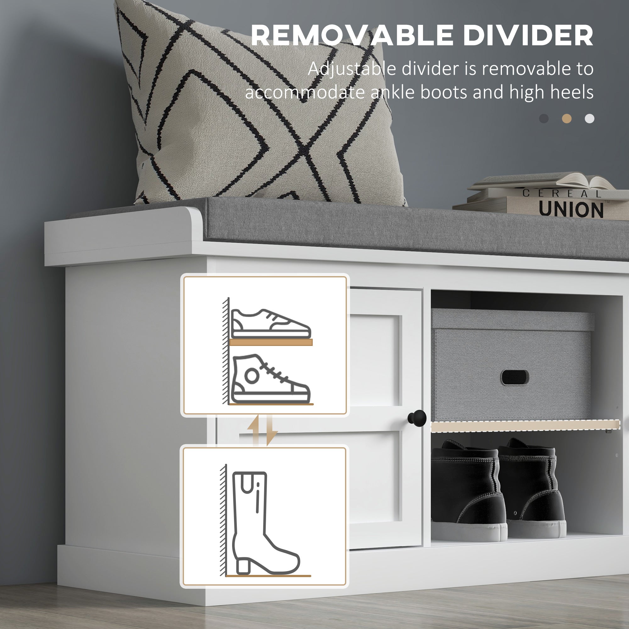 HOMCOM Shoe Storage Bench with Cushioned Seat, Entryway Bench Seat with 2 Cabinets and Adjustable Shelf for Hallway, White 