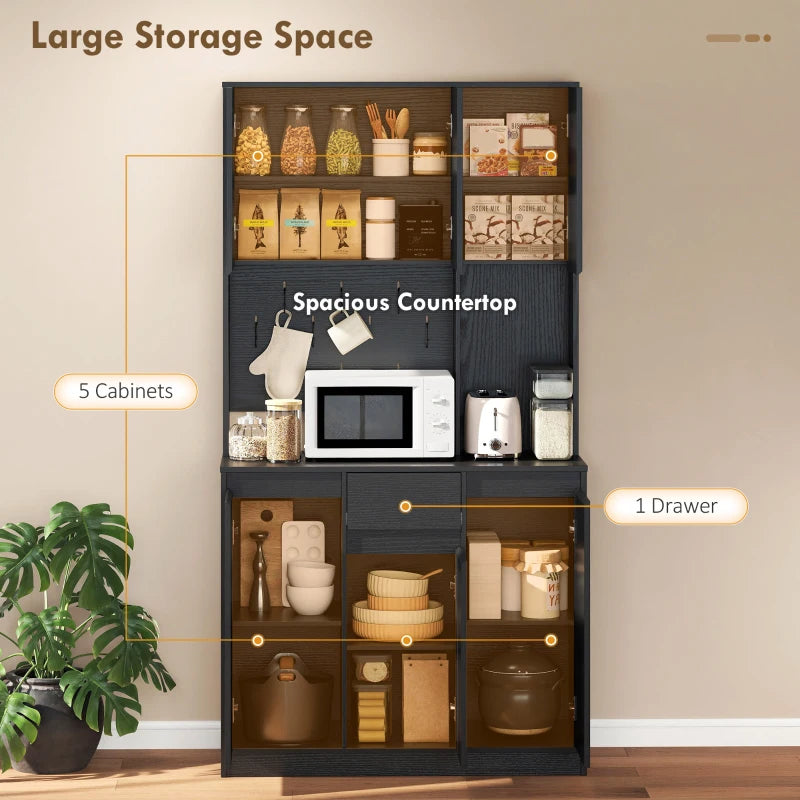71" Pantry Cabinet with Charging Station, Kitchen Storage Cabinet with Microwave Stand, Pegboard, 6 S-hooks, Black