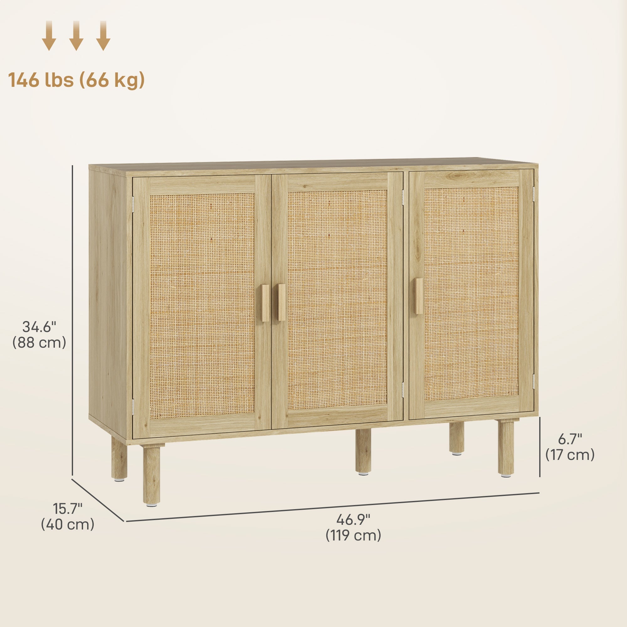 HOMCOM Bohemian Sideboard, 46.9" Buffet Cabinet with 3 Rattan Doors and Shelves for Living Room, Hallway, Oak 