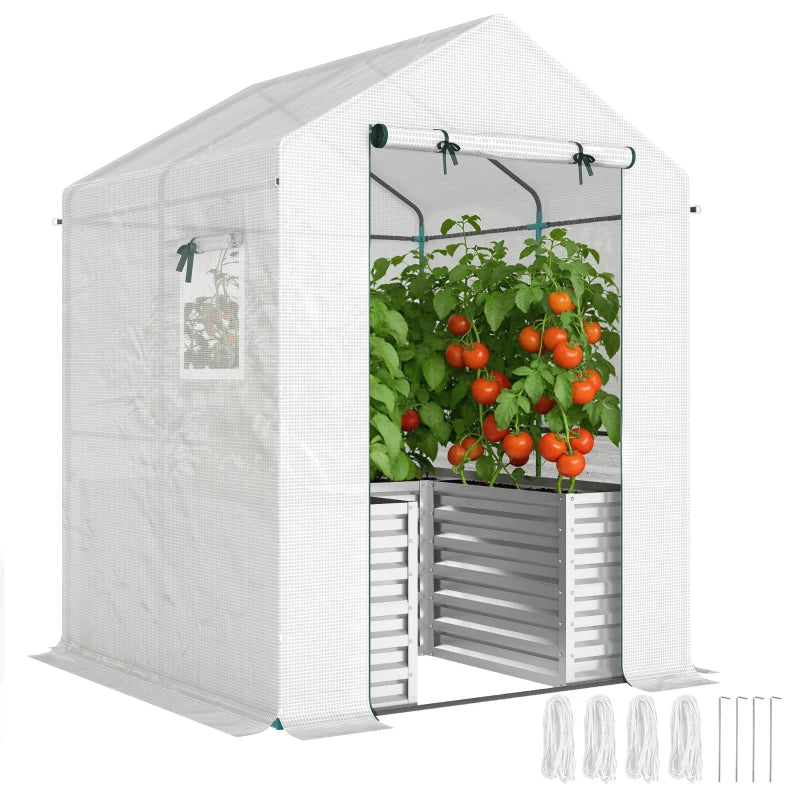 Greenhouse with Raised Garden Bed, Galvanized Metal Planter Box with PE Cover, Roll Up Door, 56" x 56" x 75", White