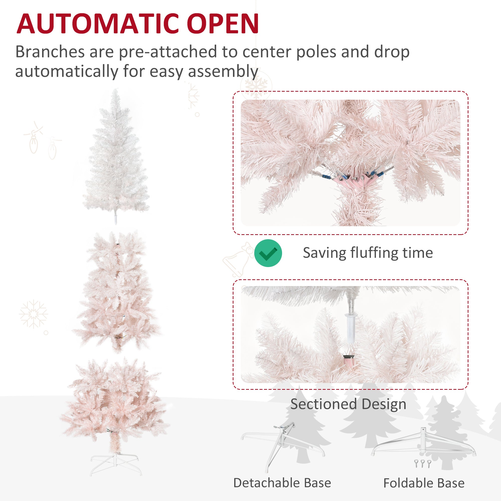 HOMCOM 7ft Pencil Artificial Christmas Tree with Pine Realistic Branches, Auto Open, Pink and White 