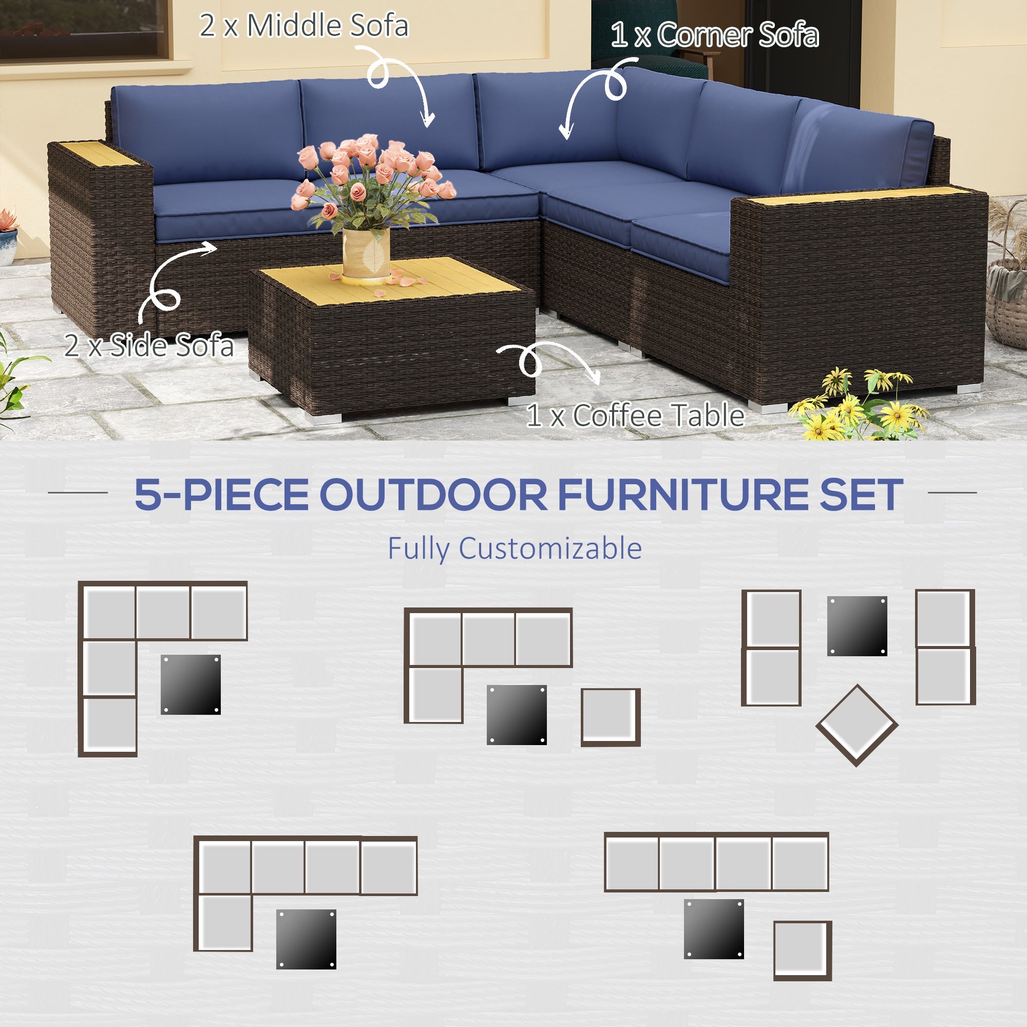 Outsunny 6 Pieces Outdoor Rattan Patio Furniture Set with Corner Sofa, Wood-Plastic Coffee Table, Navy Blue 