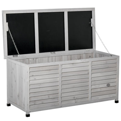 Outsunny 75 Gallon Wooden Deck Box, Outdoor Storage Container with Aerating Gap & Weather-Fighting Finish, Grey 