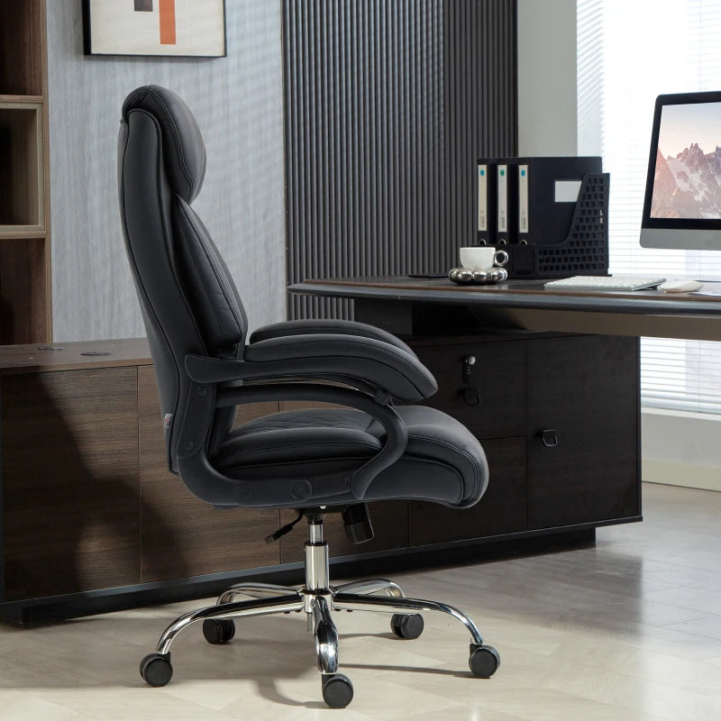 Office Chair with Spring Padding, PU Leather Computer Chair with Quiet Swivel Wheels, High Back, Black