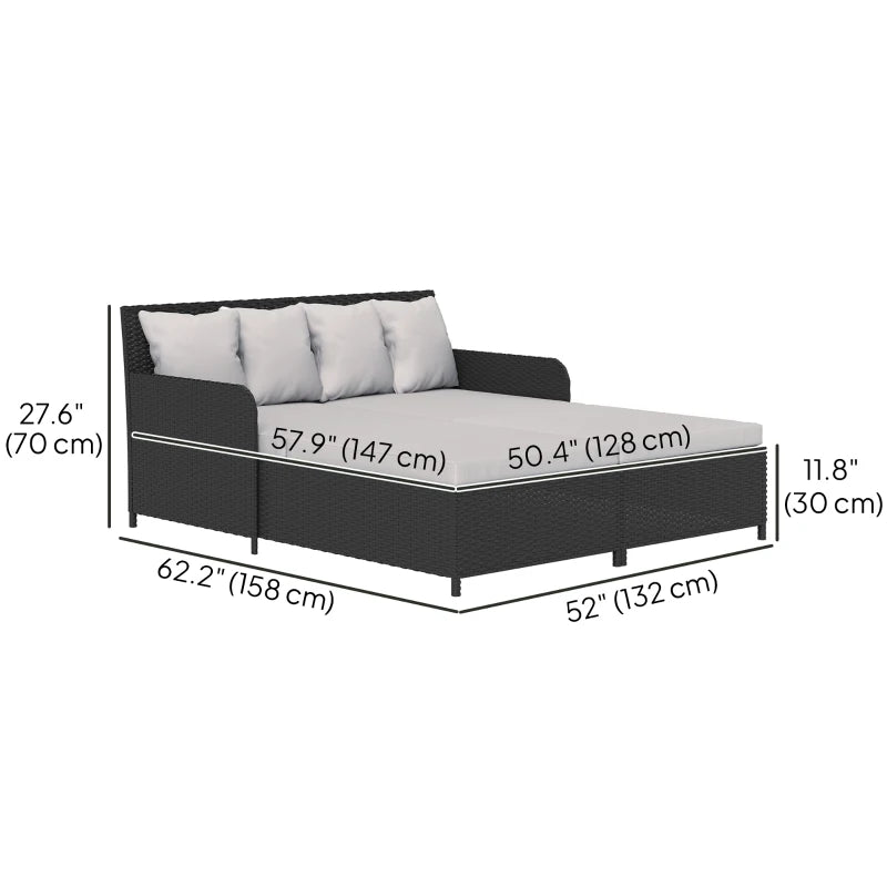 Rattan Outdoor Daybed, Sunbed Loveseat with Soft Cushions, 4 Pillows, Curved Backrest & Armrest, Light Grey