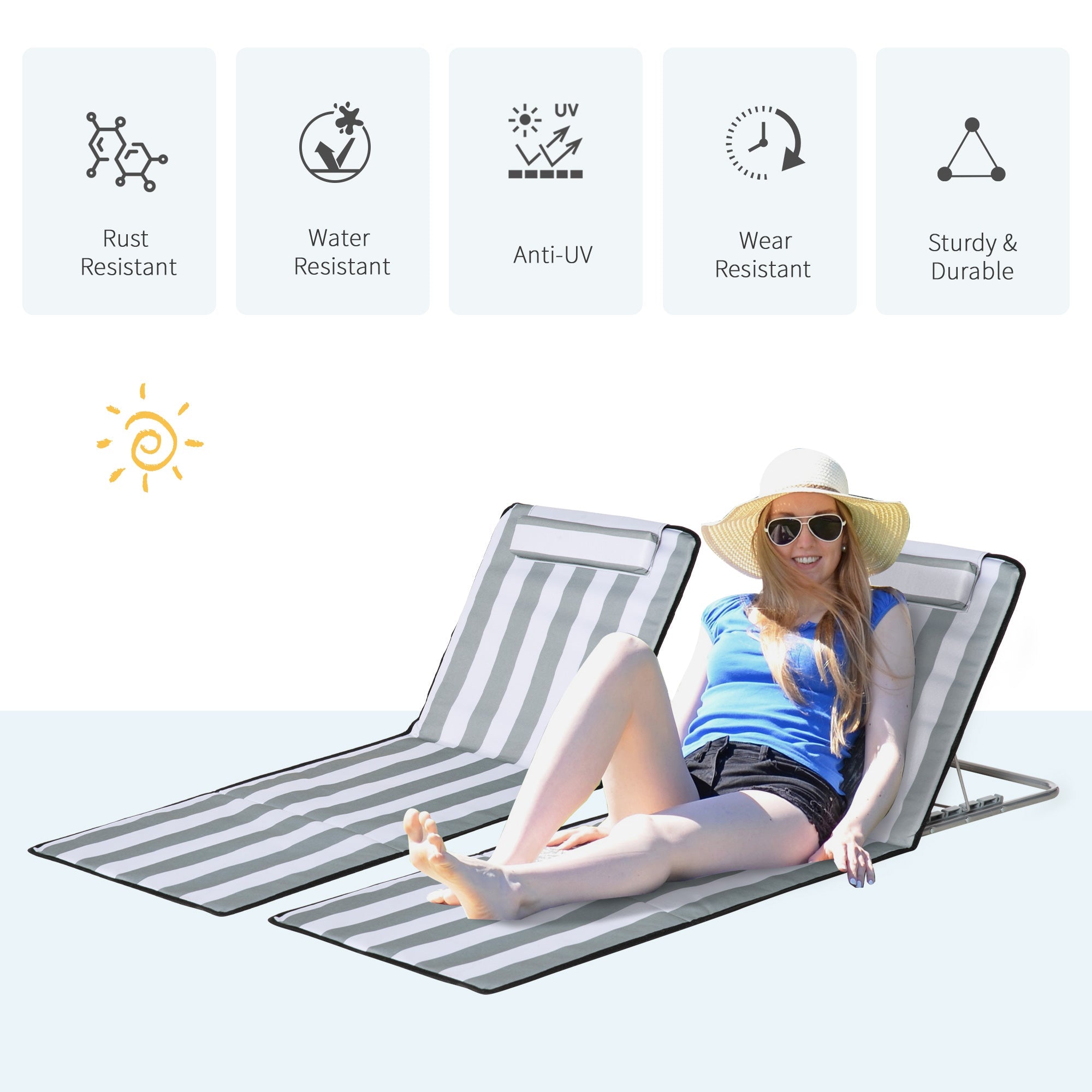 Outsunny 2 Pieces Beach Lounge Chair, Outdoor Folding Chaise Lounge Set w/ Pillow for Sunbath, Snap, Light Grey and White 