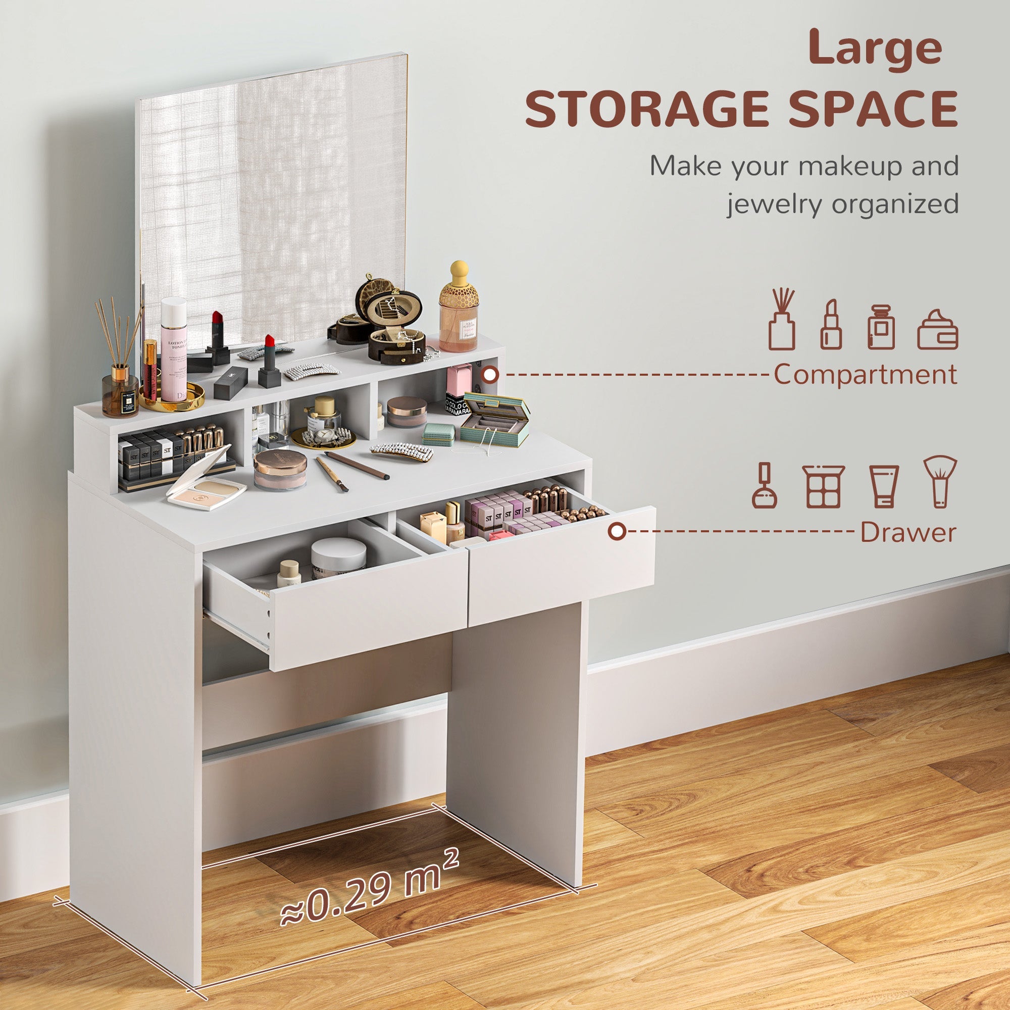 HOMCOM Makeup Vanity Desk with Mirror, for Bedroom, Modern Dressing Table with Drawers, Compartments, White 