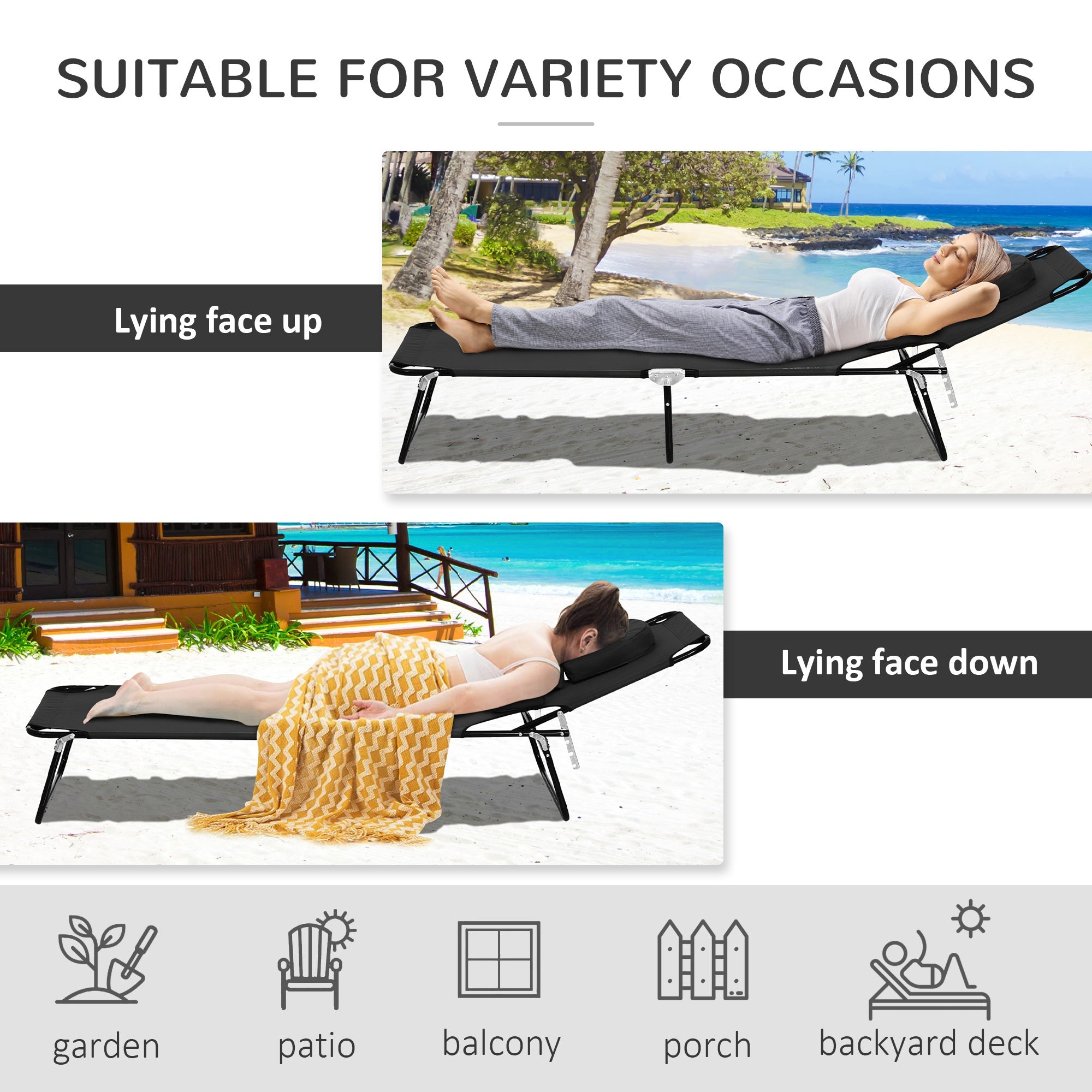 Outsunny Adjustable Garden Sun Lounger w/ Reading Hole Outdoor Reclining Seat Folding Camping Beach Lounging Bed Black 