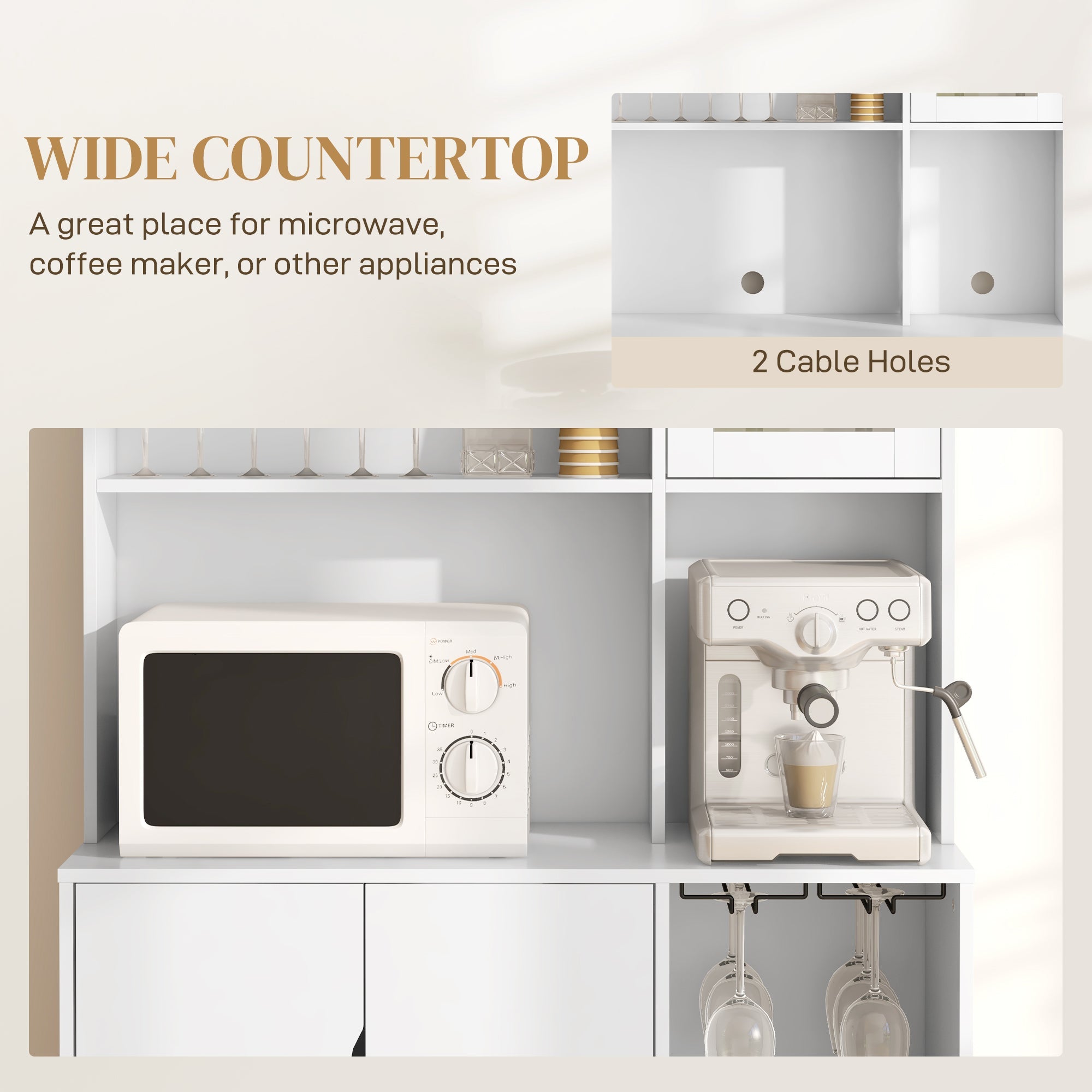 HOMCOM Coffee Bar Cabinet Kitchen Hutch Wine Storage Microwave Countertop Drawer Tempered Glass Doors White Stylish Versatile Furniture 