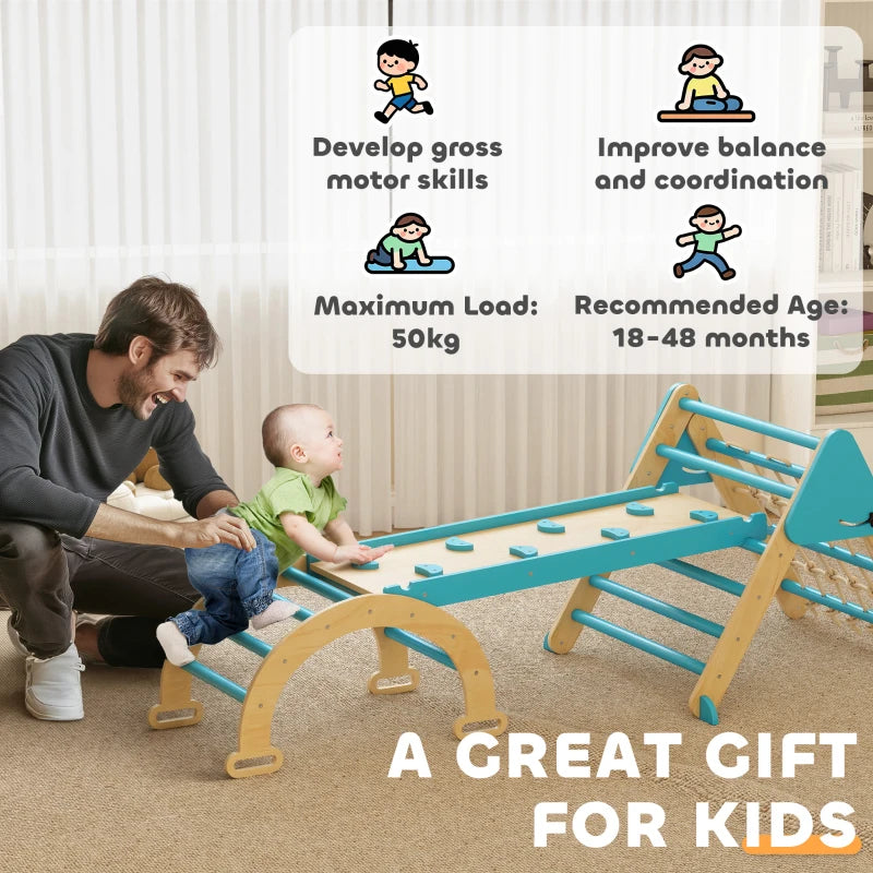 Qaba 8-in-1 Pikler Triangle Set, Foldable Wooden Climbing Toys with Arch, Ramp and Ladder for Ages 18-48 Mouths, Blue