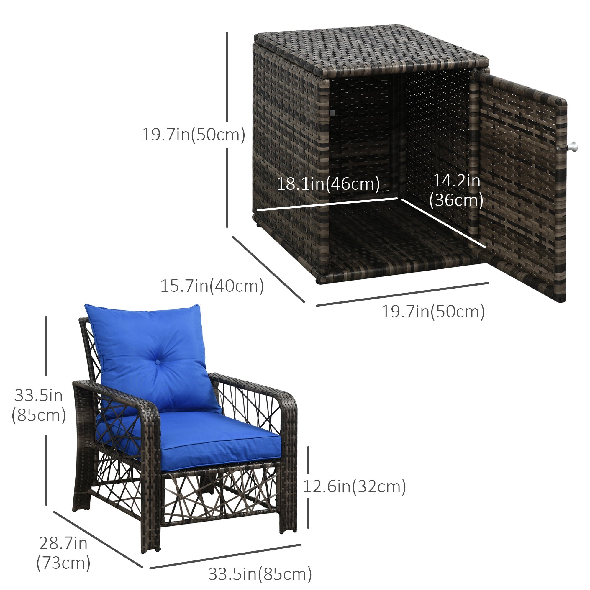 Outsunny 3 PCS Patio Wicker Coffee Table Set Bistro Conversation Furniture with Cushion & Storage Function Patio Yard Porch Blue 