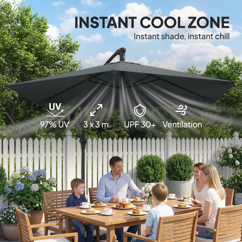 9.7 ft Offset Patio Umbrella with Water/Sand Fillable Weights, Garden Hanging Parasol with Locking Latch, Dark Grey
