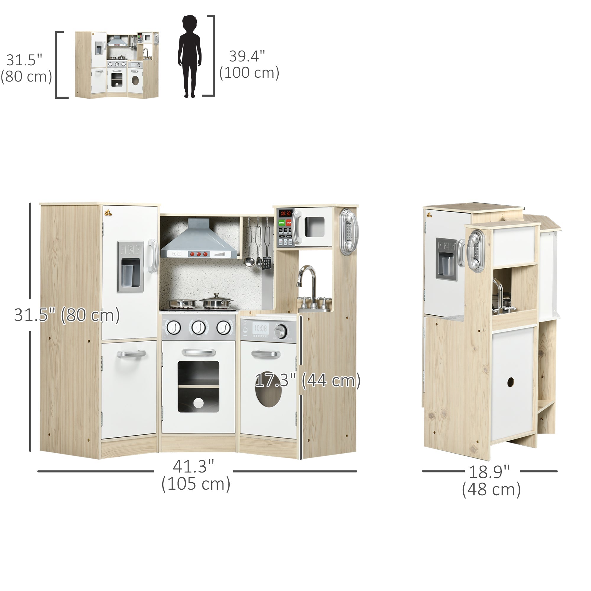 Qaba Deluxe Wooden Kitchen Playset for Kids - Interactive Corner Design with Lights, Sounds, Play Phone, Ice Maker, and More 