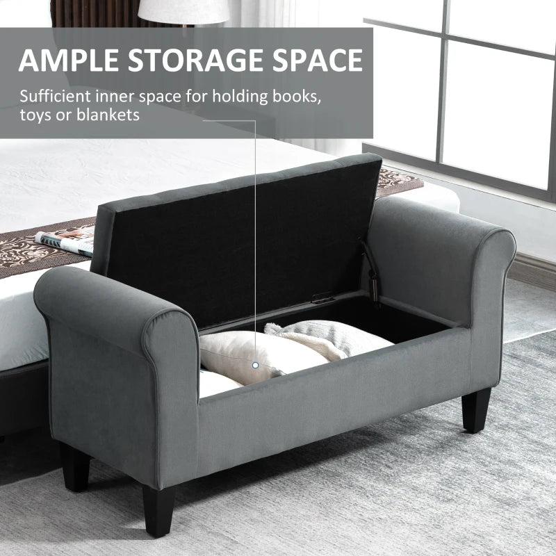 Button Tufted Storage Ottoman Bench, End of Bed Bench with Rolled Arms, Storage Chest for Living Room, Entryway, Grey