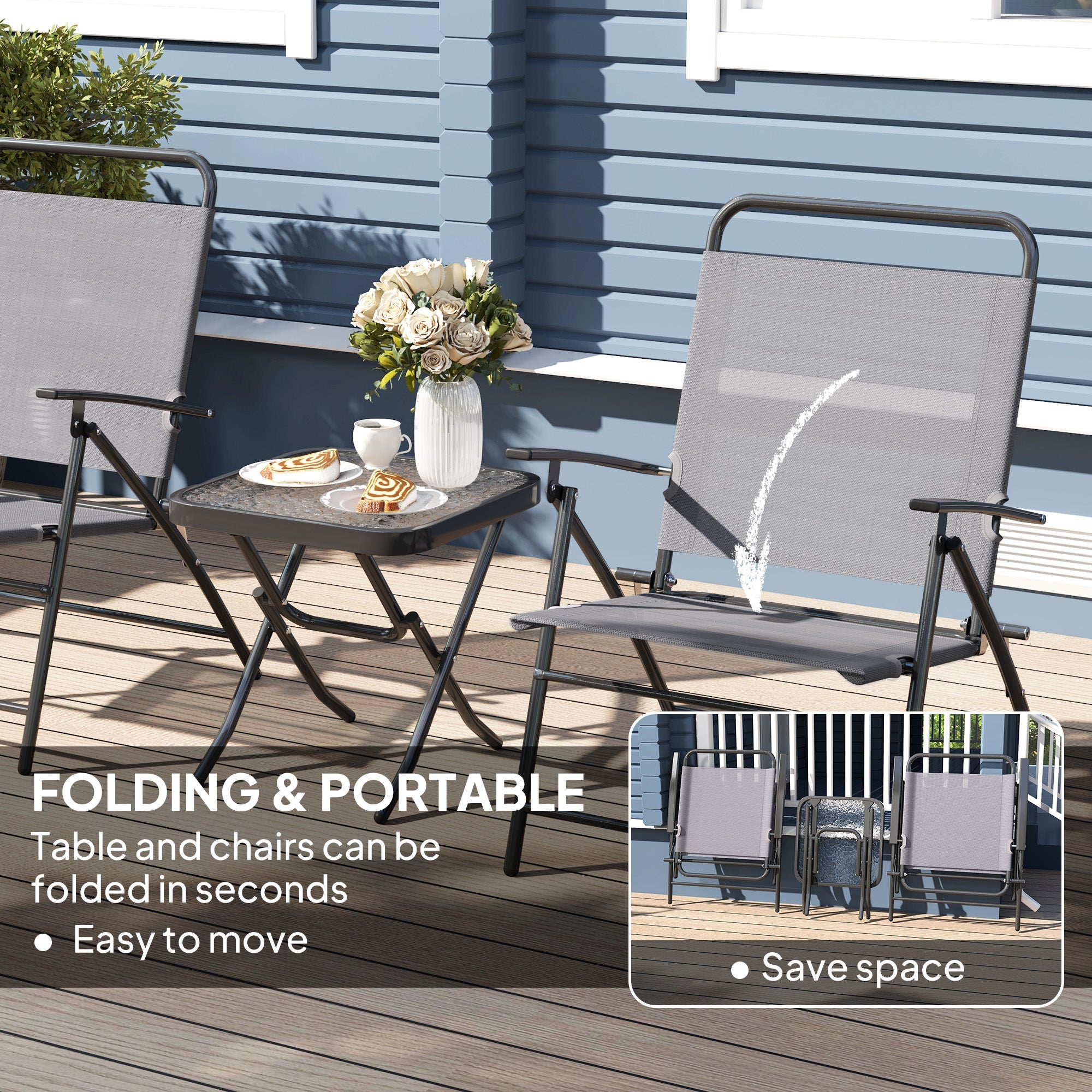 Outsunny Folding Bistro Set, Small Patio Set with Back Adjustable Chairs and Glass Top Table for Garden, Balcony, Porch, Grey 
