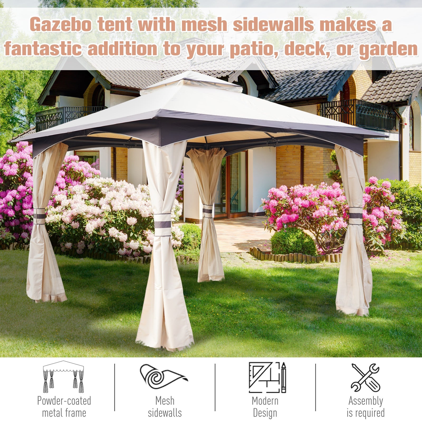 Outsunny 10' x 10' Soft Top Gazebo Canopy Tent w/ Double Roof, Eaves Design and Mesh Netting Sidewall Outdoor Patio Large Garden 