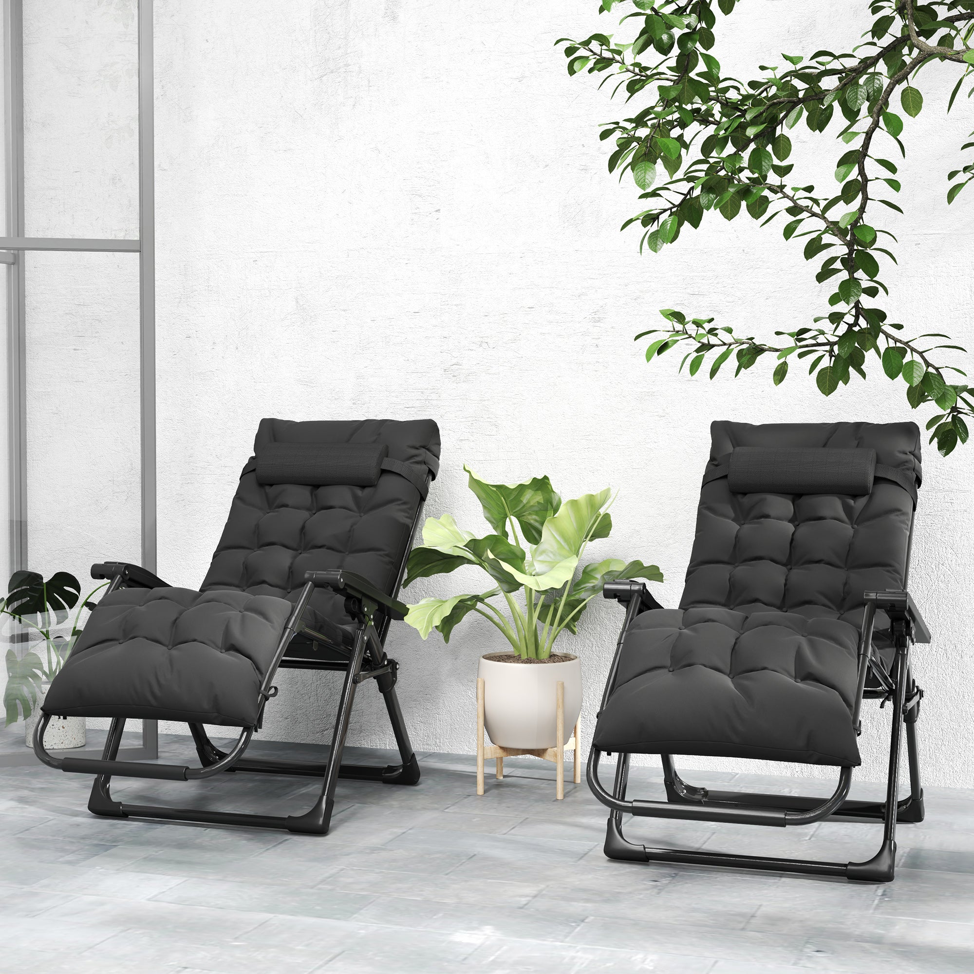 Outsunny Folding Garden Chairs Set of 2, Reclining Zero Gravity Chair, Sun Lounger with Cushion and Headrest, Black 