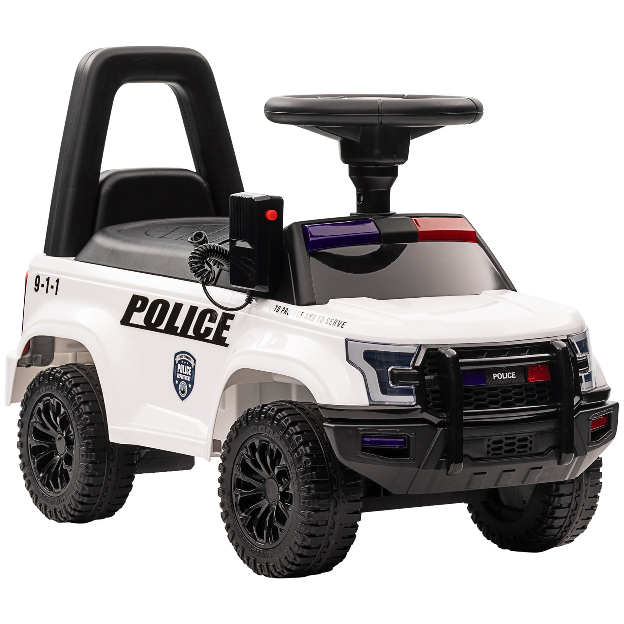 Aosom Kids Ride On Police Car Sliding Toy with Storage Megaphone Anti-Tip Device White 