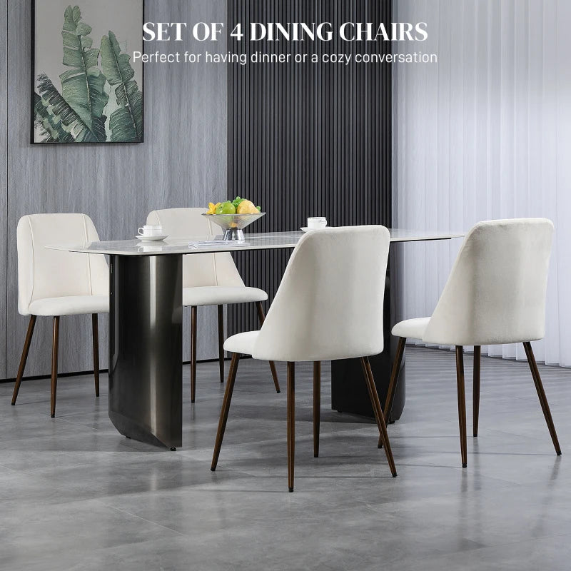 Upholstered Dining Chairs Set of 4, Velvet Accent Chair with Back and Wood-grain Steel Leg for Kitchen, Cream White
