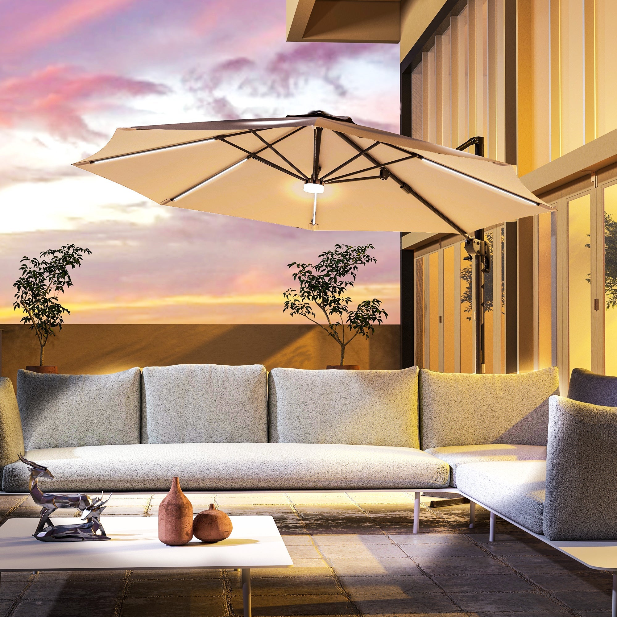 Outsunny 10ft Offset LED Patio Umbrella: Cantilever Parasol with 360° Rotation, Cross Base for Outdoor Deck & Beach, Khaki 