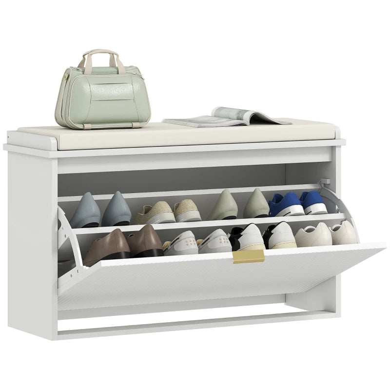 Entryway Bench with Padded Seat and Flip-Drawers, Holds up to 265lbs, Shoe Storage Bench for 8 Pairs of Shoes, White