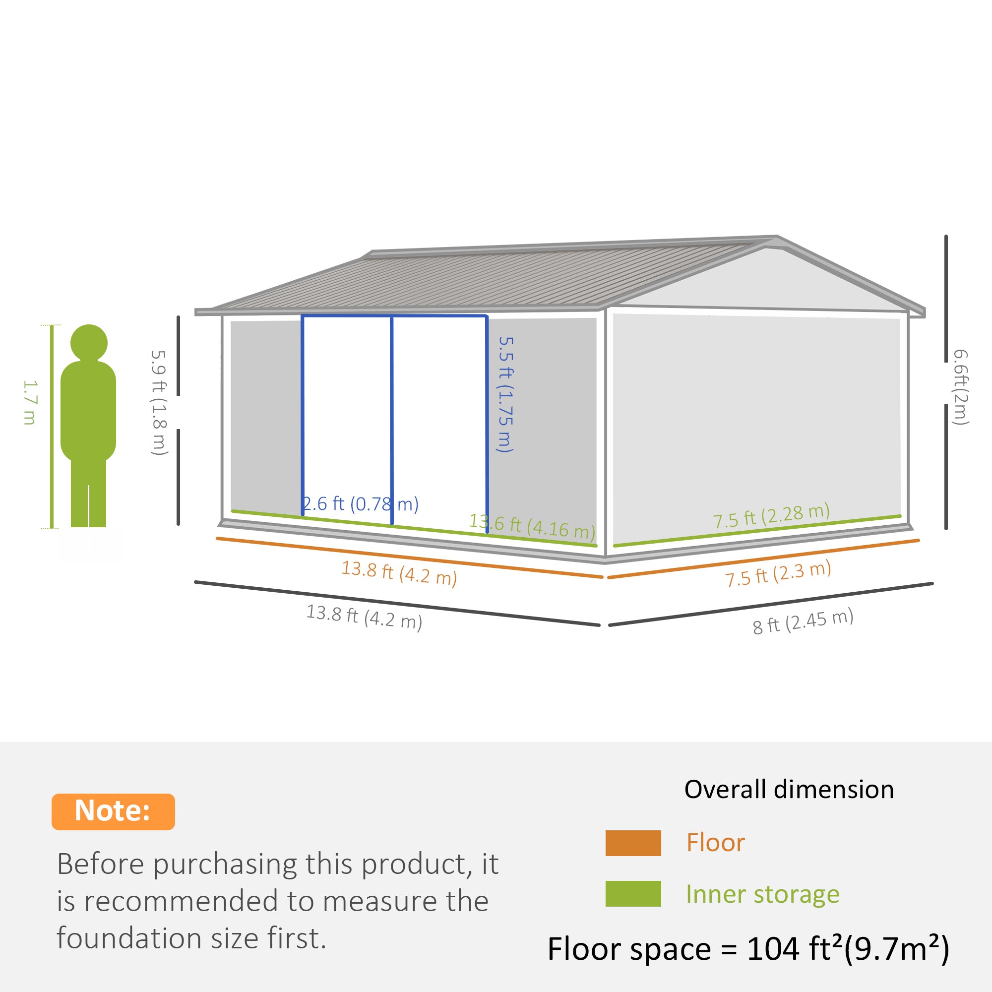 Outsunny 14' x 8' Galvanized Steel Storage Shed, Garden Shed with Lockable Doors, Air Vents for Backyard, Patio and Lawn, Grey 