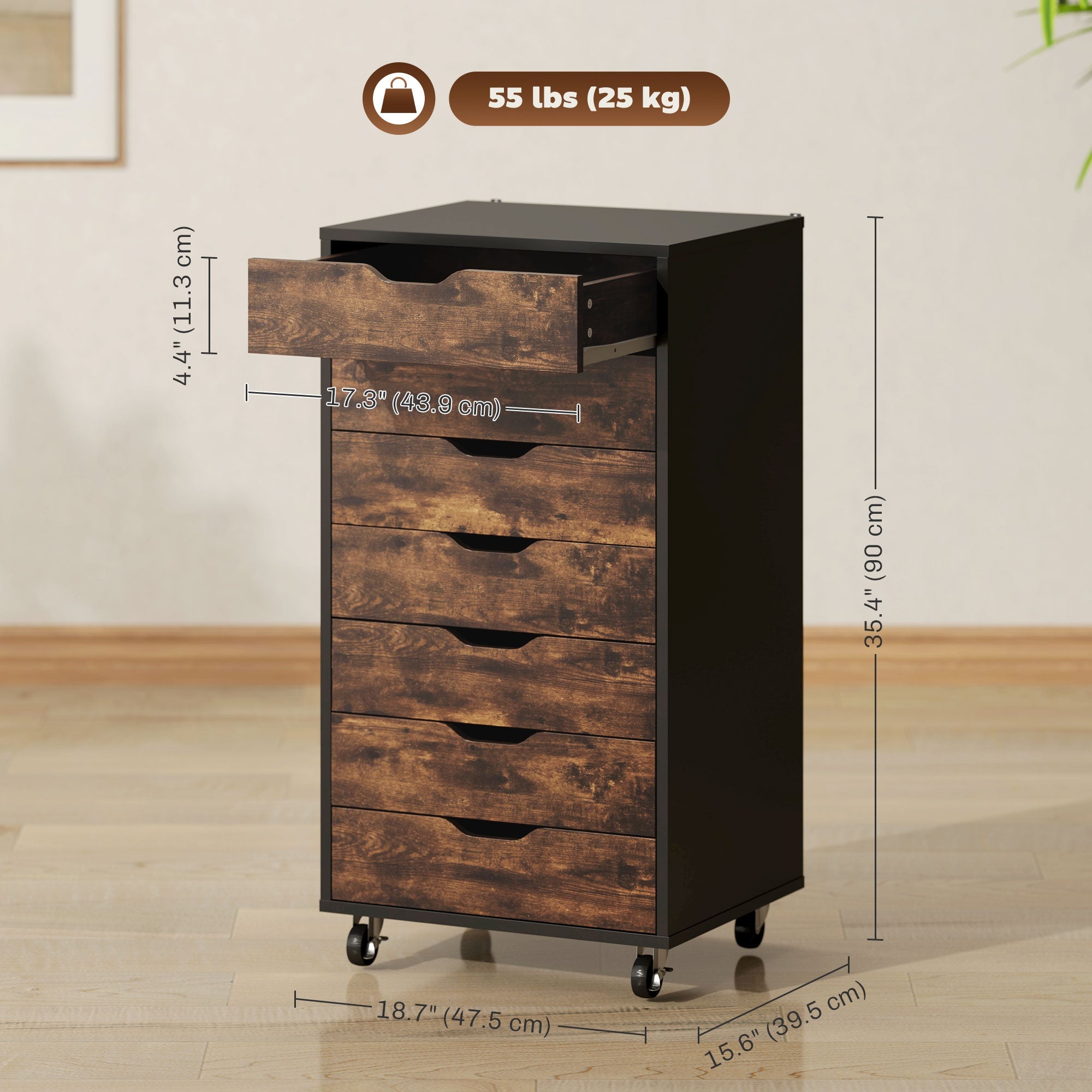 Vinsetto 7-drawer Vertical File Cabinet for Home Office, Storage Cabinet with Wheels, 18.7"x15.6"x35.4", Rustic Brown 