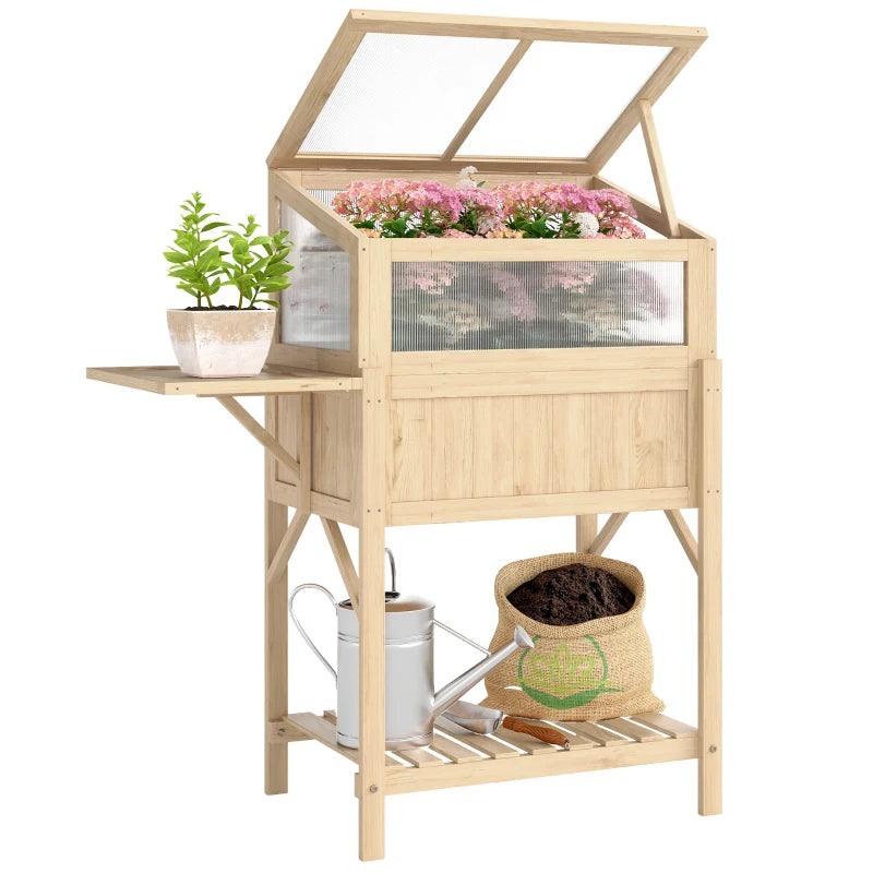 Raised Garden Bed Planter with Cold Frame, Wooden Elevated Planter Box with Folding Side Table and Shelf, Natural Wood