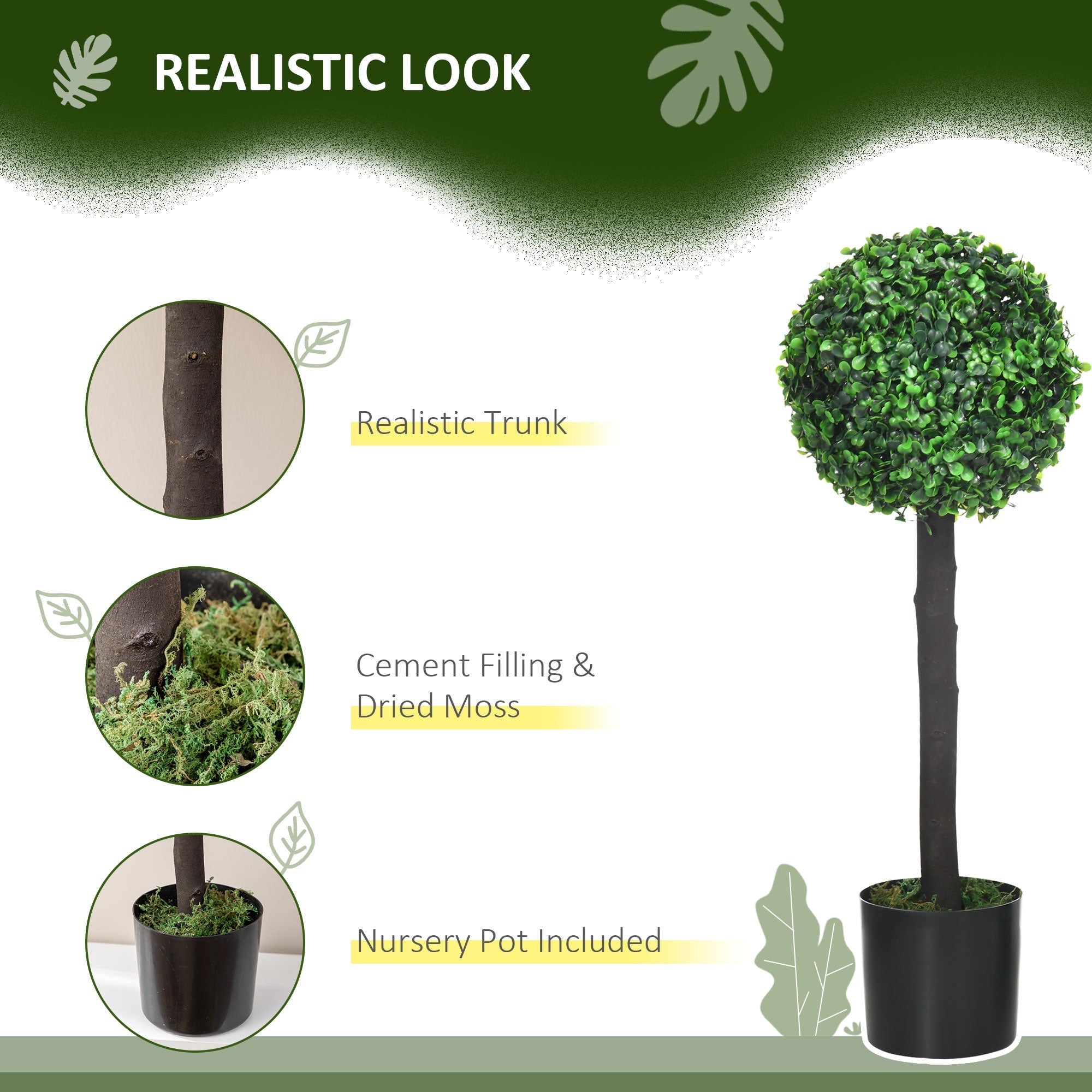 HOMCOM 2ft Artificial Boxwood Ball Trees: Set of 2 Fake Plants in Pot for Indoor Outdoor, Green 