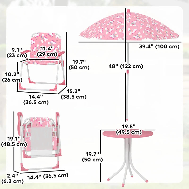 Qaba Kids Picnic Table, Kids Table and Chair Set with 2 Folding Chairs and Umbrella for Backyard, Garden, Patio, Pink