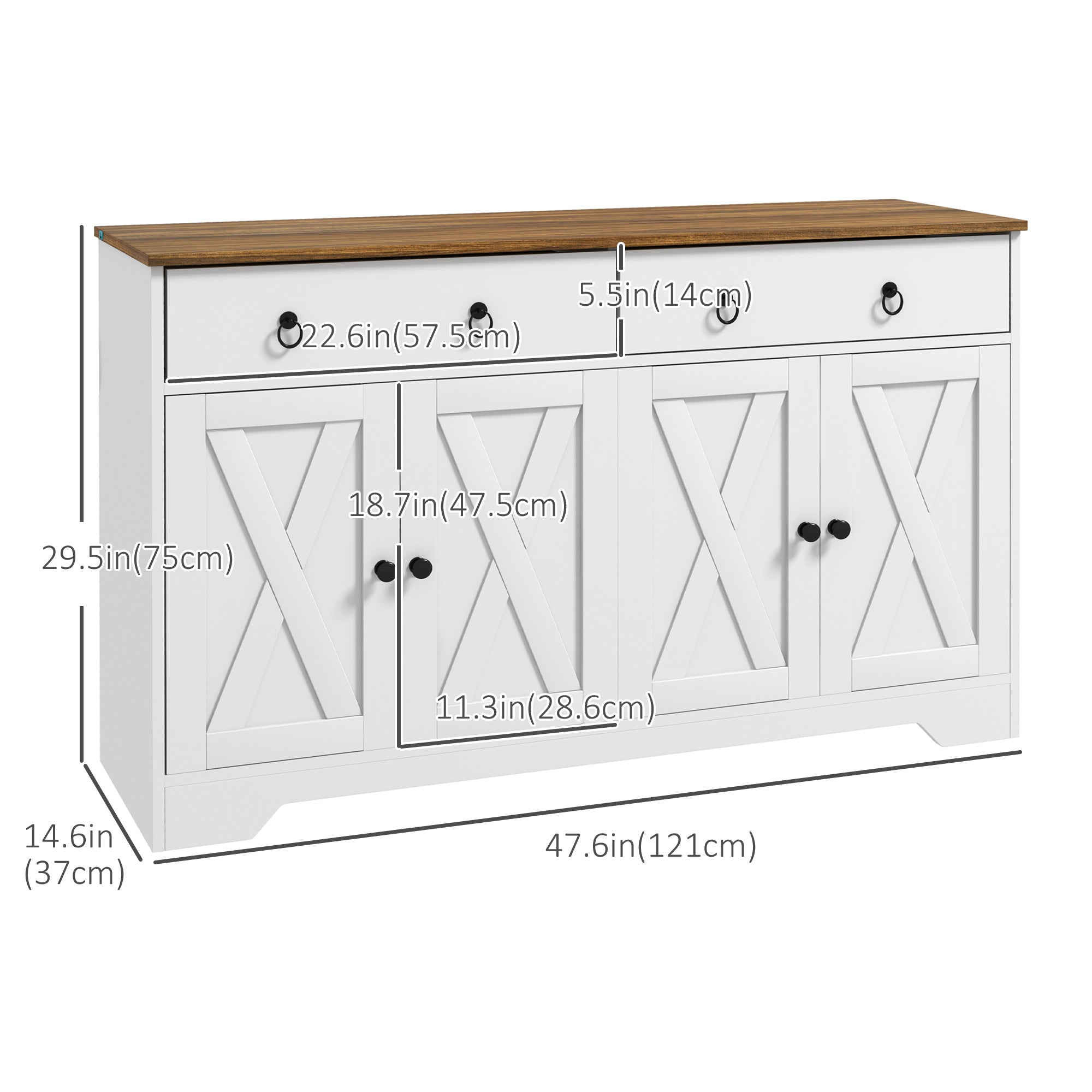 HOMCOM Kitchen Sideboard with 2 Drawers 4 Barn Doors 2 Adjustable Shelves Buffet Table White for Living Room 