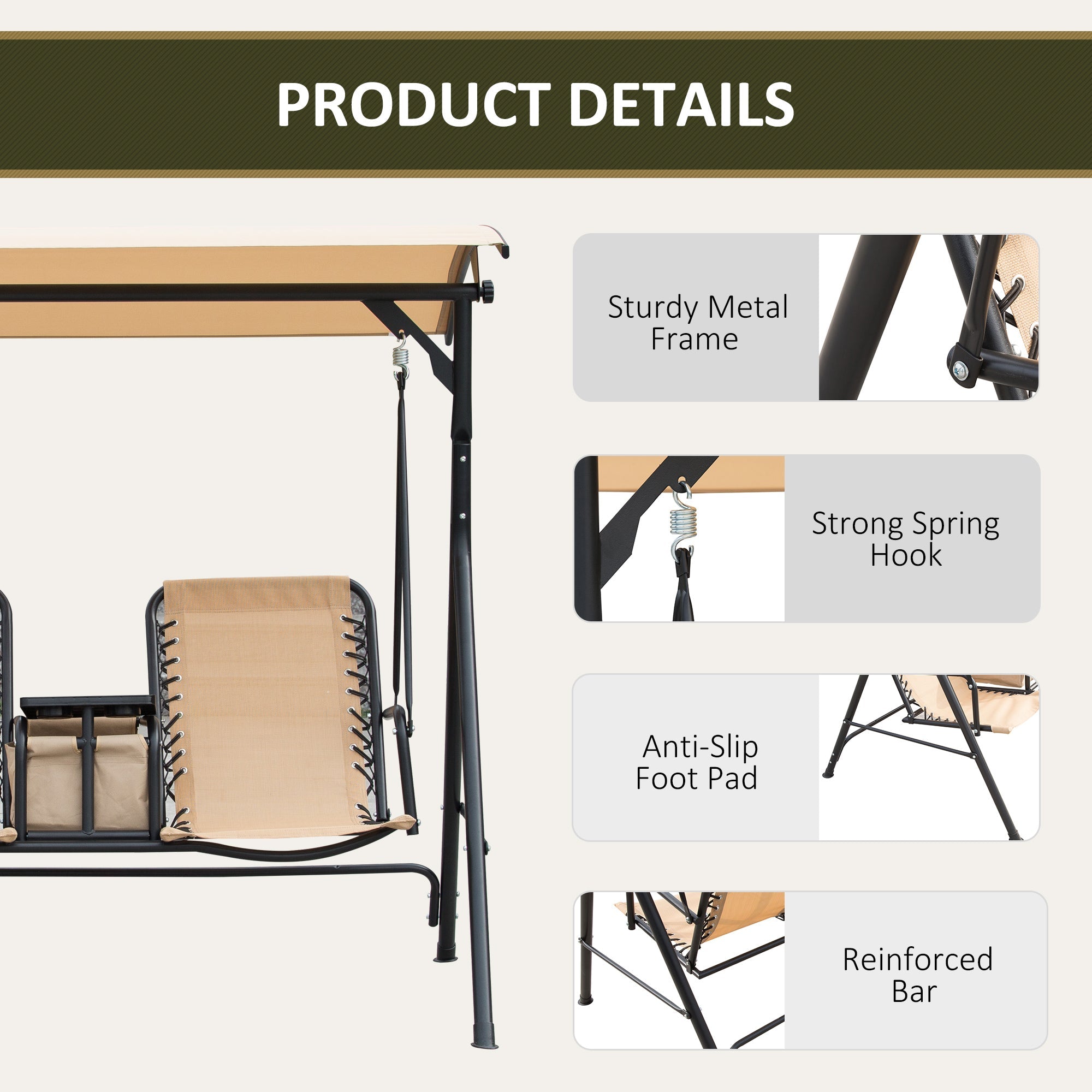 Outsunny Porch Swing: 2-Person Covered Swing with Pivot Table Cup Holder Adjustable Canopy Beige 