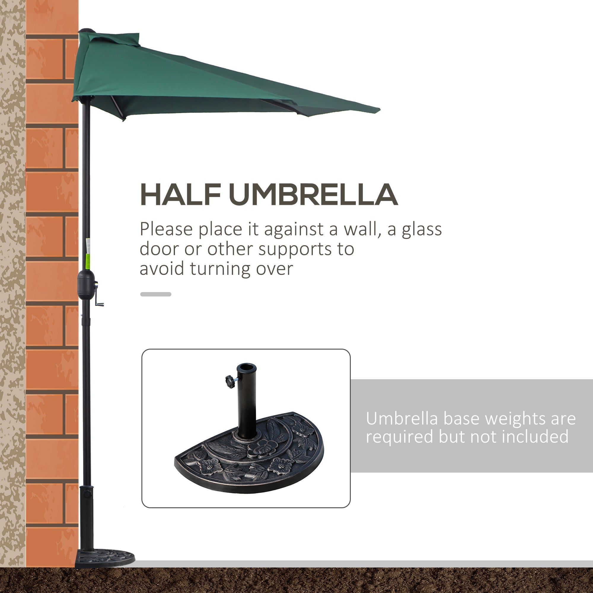 Outsunny Balcony Umbrella: 9ft Half Round Patio Garden Parasol Sun Shade Dark Green 