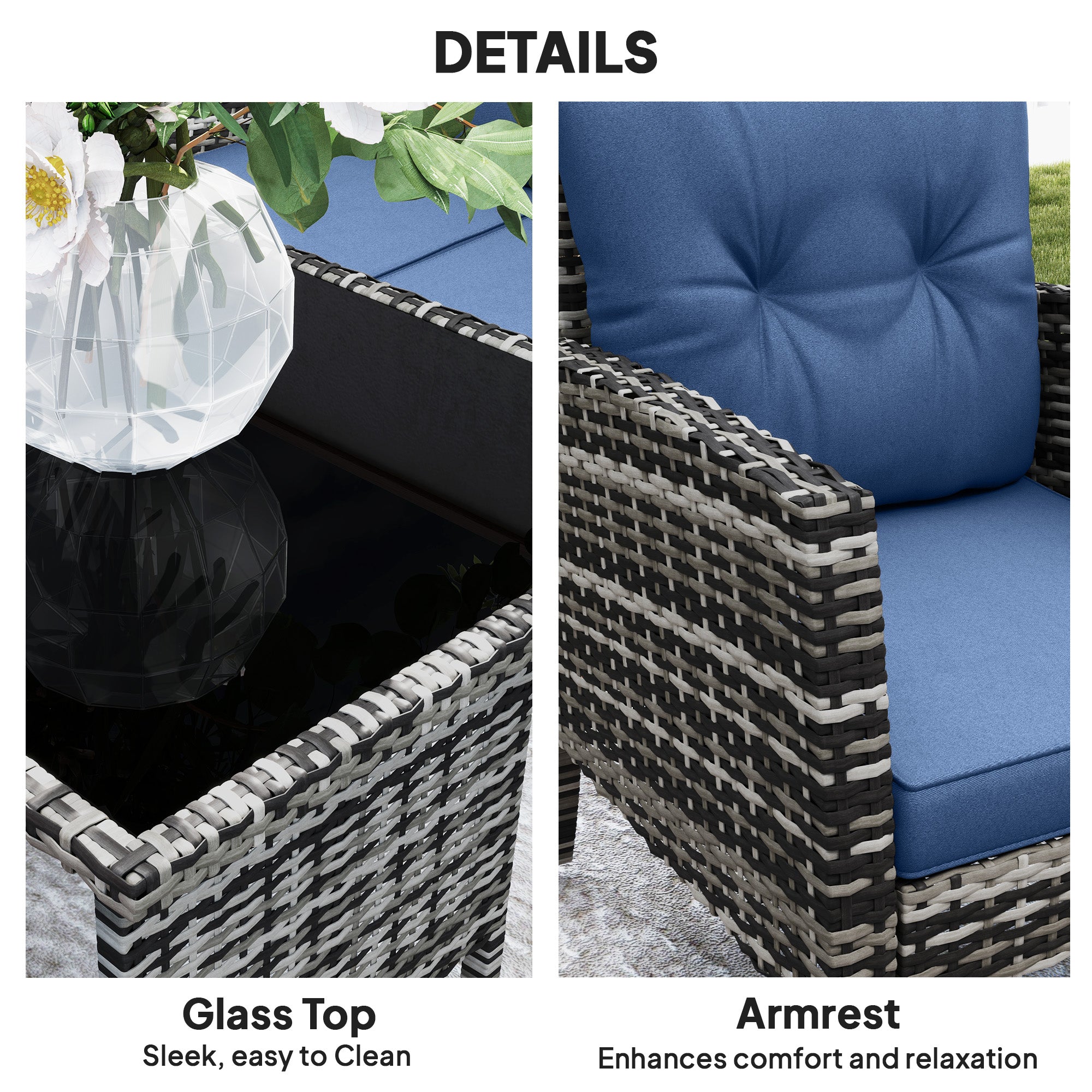 Outsunny 6 Piece Patio Furniture Set with Patio Chairs, Ottomans, Sofa, Glass Top Table and Cushions, Wicker Rattan Outdoor Furniture Set for Backyard, Porch, Navy Blue 