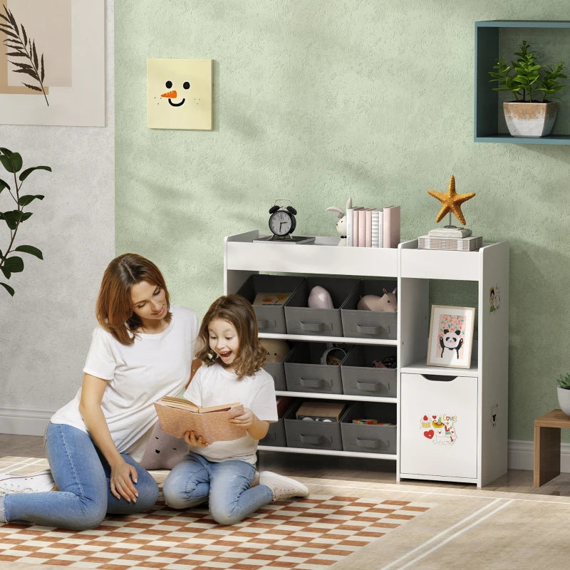 Qaba Toy Storage Organizer with 9 Non-Woven Fabric Boxes, Storage Cabinet & Shelves, for Kids Room, Nursery, Playroom, White