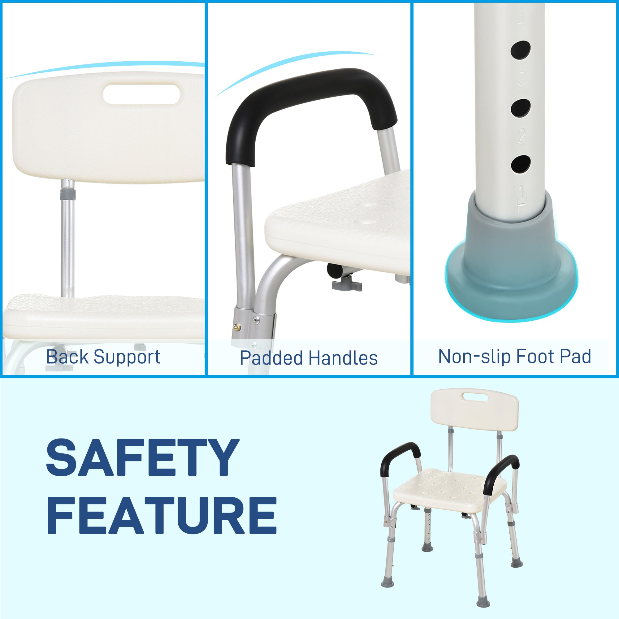 HOMCOM Medical Shower Chair Adjustable with Back Bathtub Bench Seat Padded Arms Non Slip Safety for Disabled Seniors 