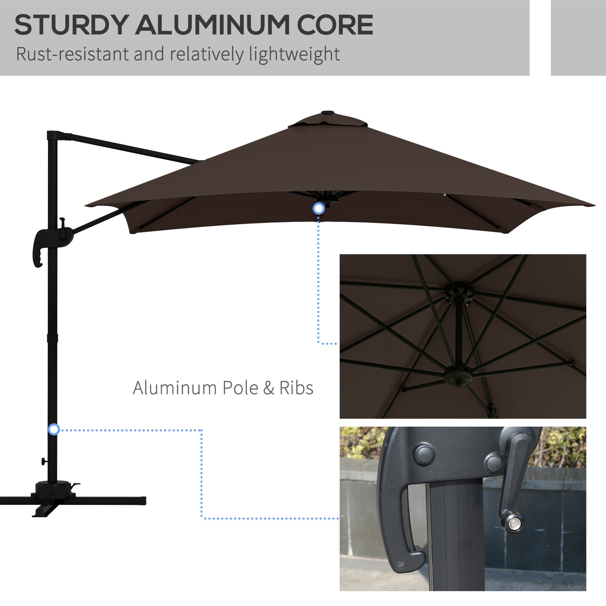 Outsunny 10x10ft Cantilever Umbrella Square Market Parasol Adjustable Outdoor Patio Shade Coffee Rotatable 