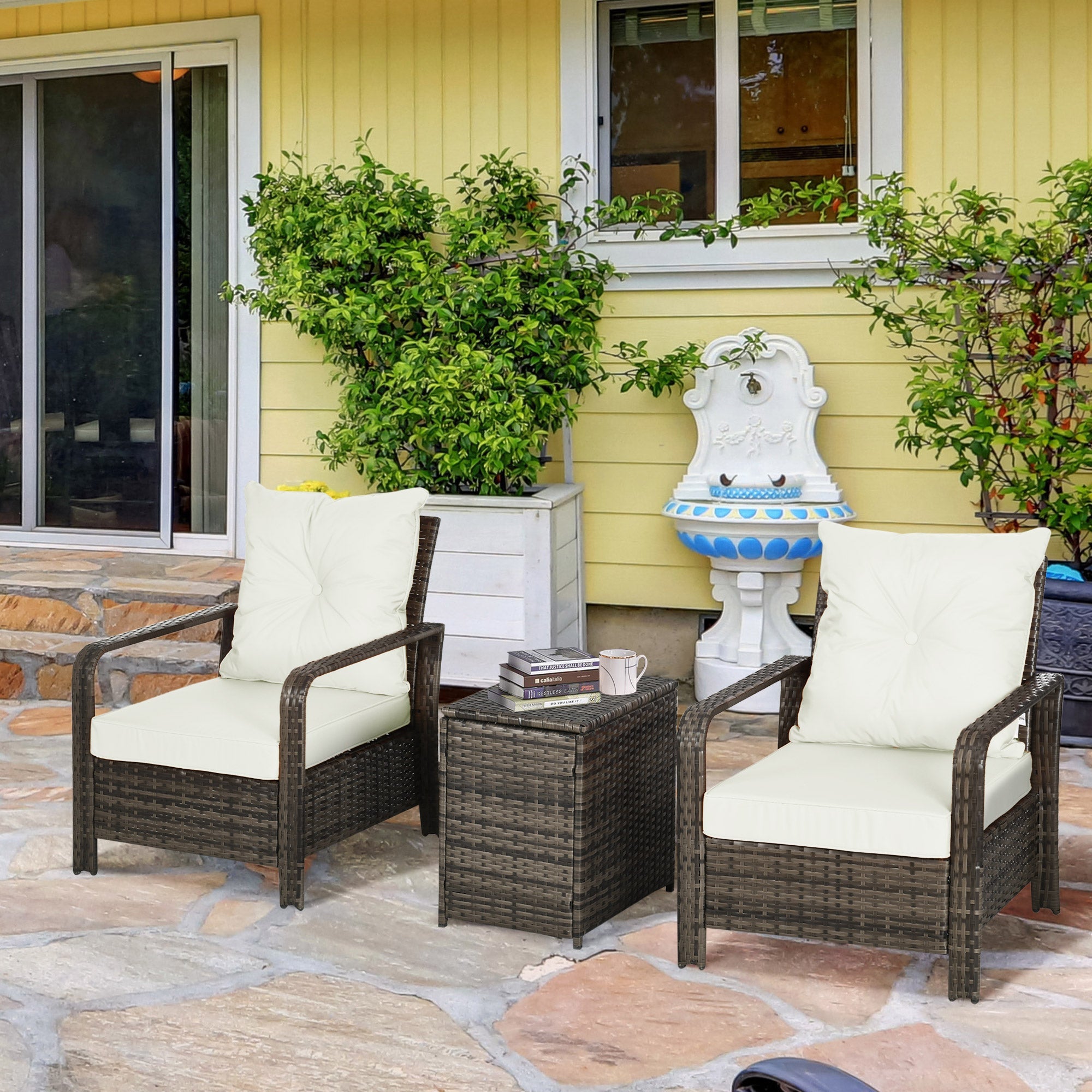 Outsunny 3 Pieces Patio Bistro Set, PE Rattan Garden Sofa Set with 2 Padded Chairs 1 Storage Table, Beige 