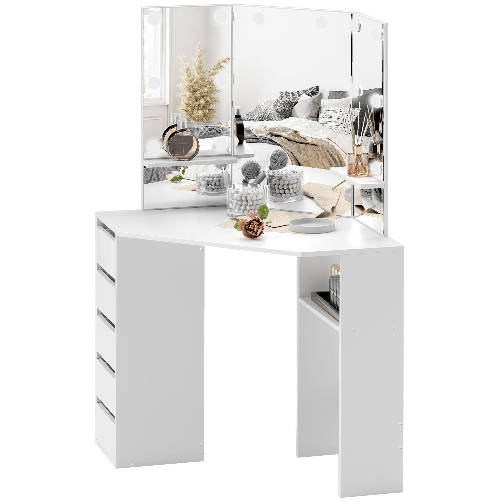 HOMCOM Makeup Vanity Desk with 3-Panel Mirror and 10 LED Lights, Dressing Table with 5 Drawers and Shelves for Bedroom, White 