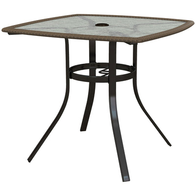Outsunny Outdoor Oasis: 34" Square Patio Dining Table with Water-Grain Glass Top, Umbrella Hole, Dark Brown Finish 