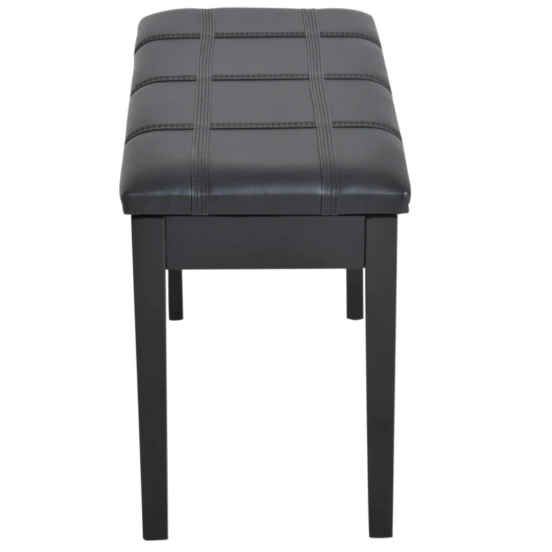Classic Piano Bench Stool, PU Leather Padded Keyboard Seat with Rubber Wood Legs and Music Storage Compartment, Banded Seat, Black