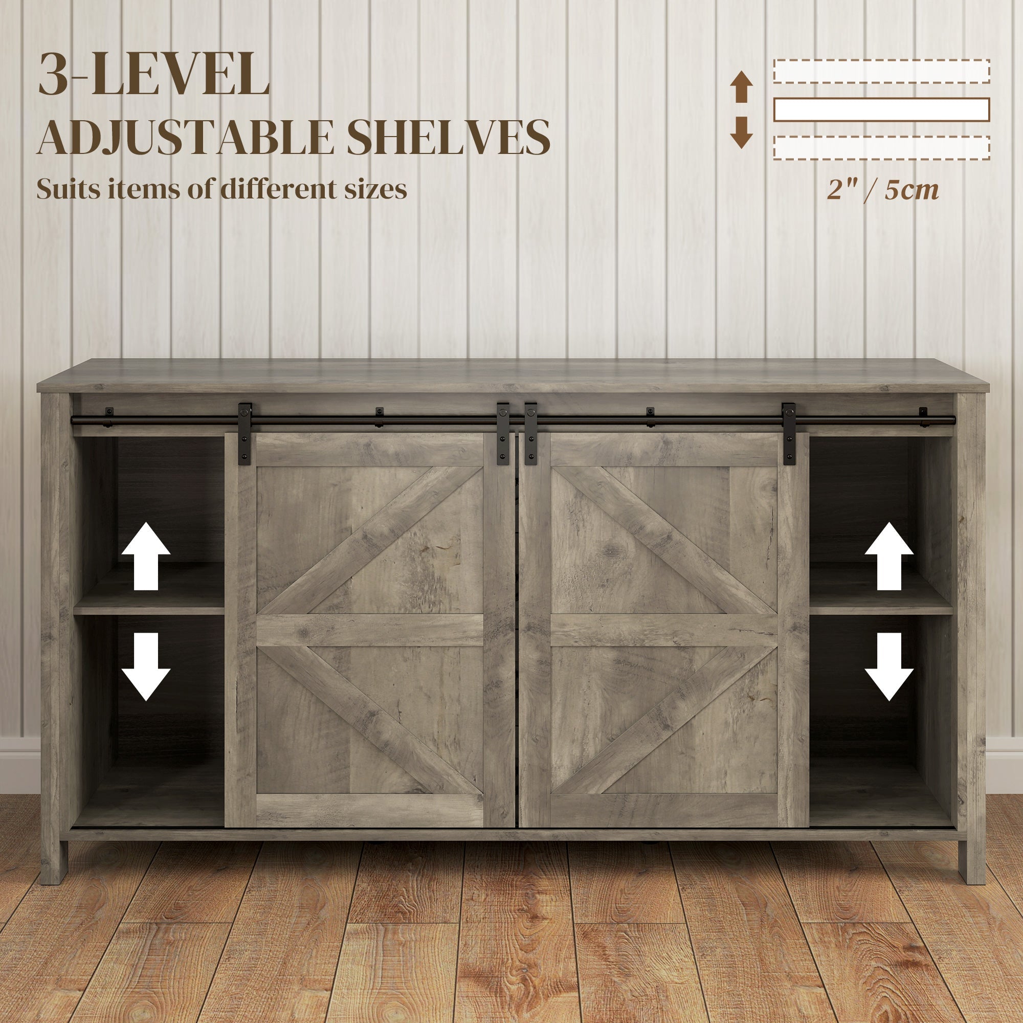 HOMCOM 60" Buffet Cabinet, Farmhouse Sideboard with Sliding Barn Doors, Drawers and Adjustable Shelves, Distressed Light Grey 