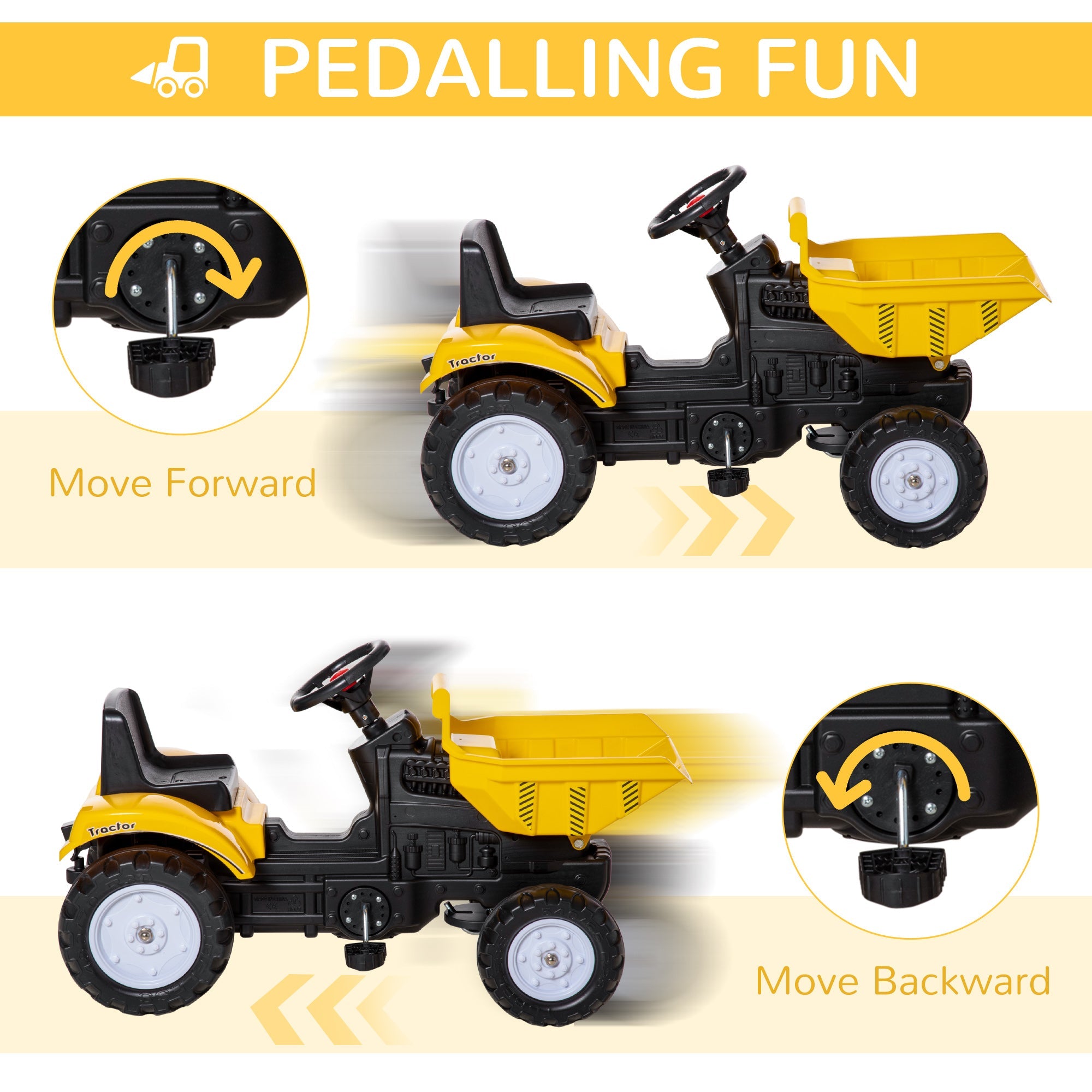 Aosom Yellow Pedal Ride On Dump Truck Front Loader Kids Ride-On Construction Tractor with Trailer 