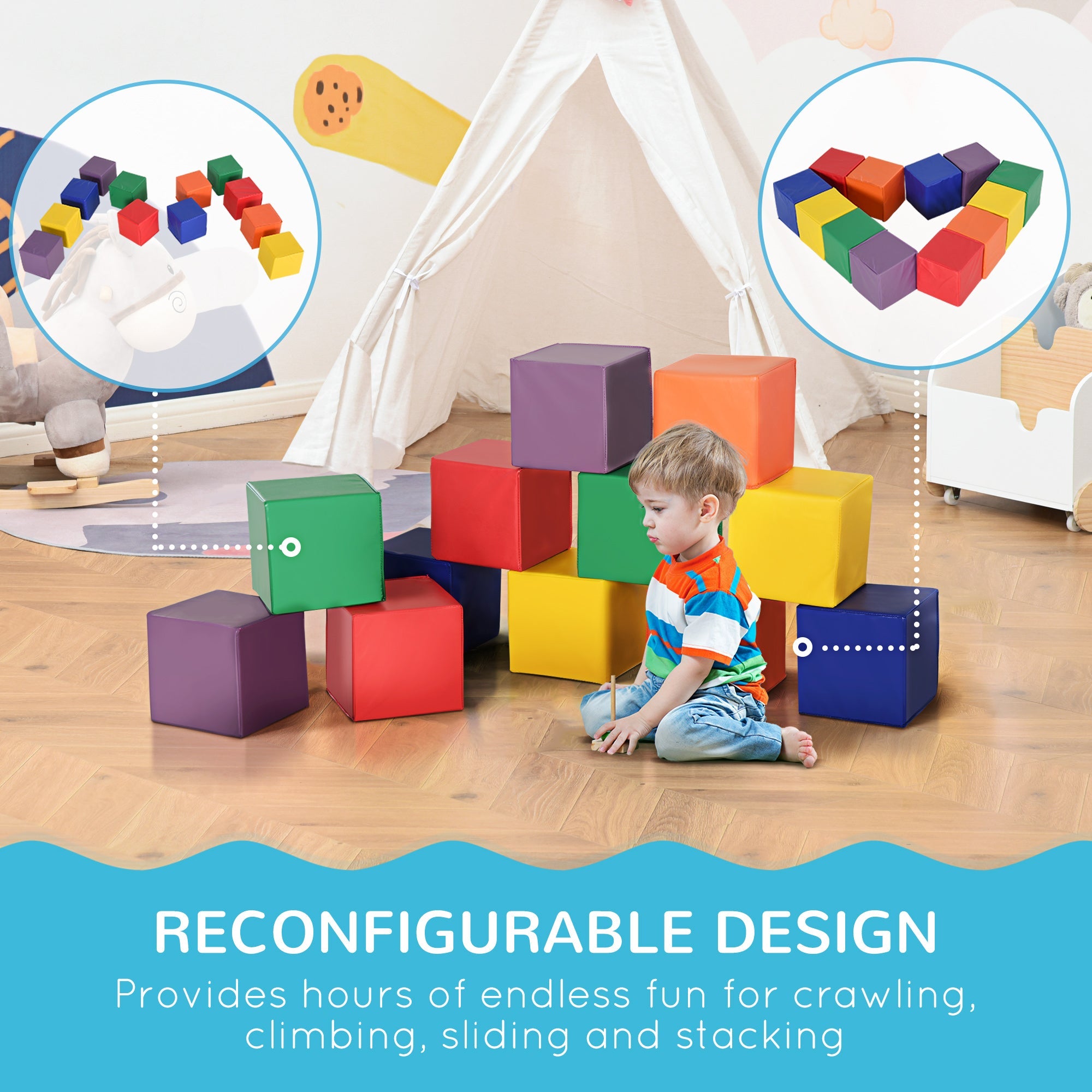 Soozier 12-Piece Soft Stacking Blocks: Non-Toxic Foam Building Blocks for Toddlers, Babies 